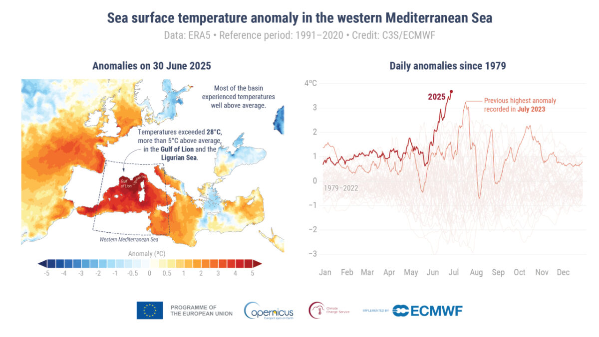 Third-warmest June on record 27 C3S PR 202506 Fig3 sea surface temperature anomaly west med.png