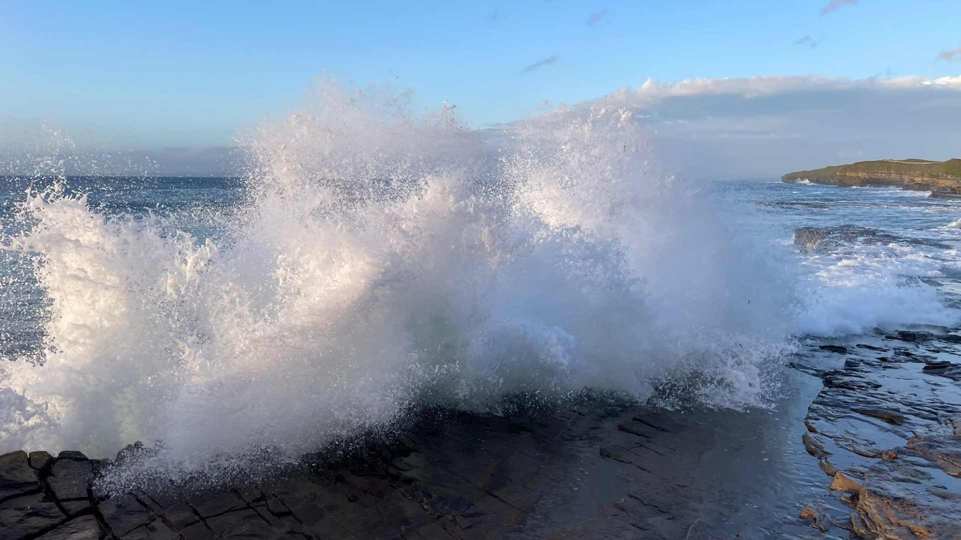 Large waves crash ashore at high tide in Donegal Bay this evening. Photo by Pat Flynn