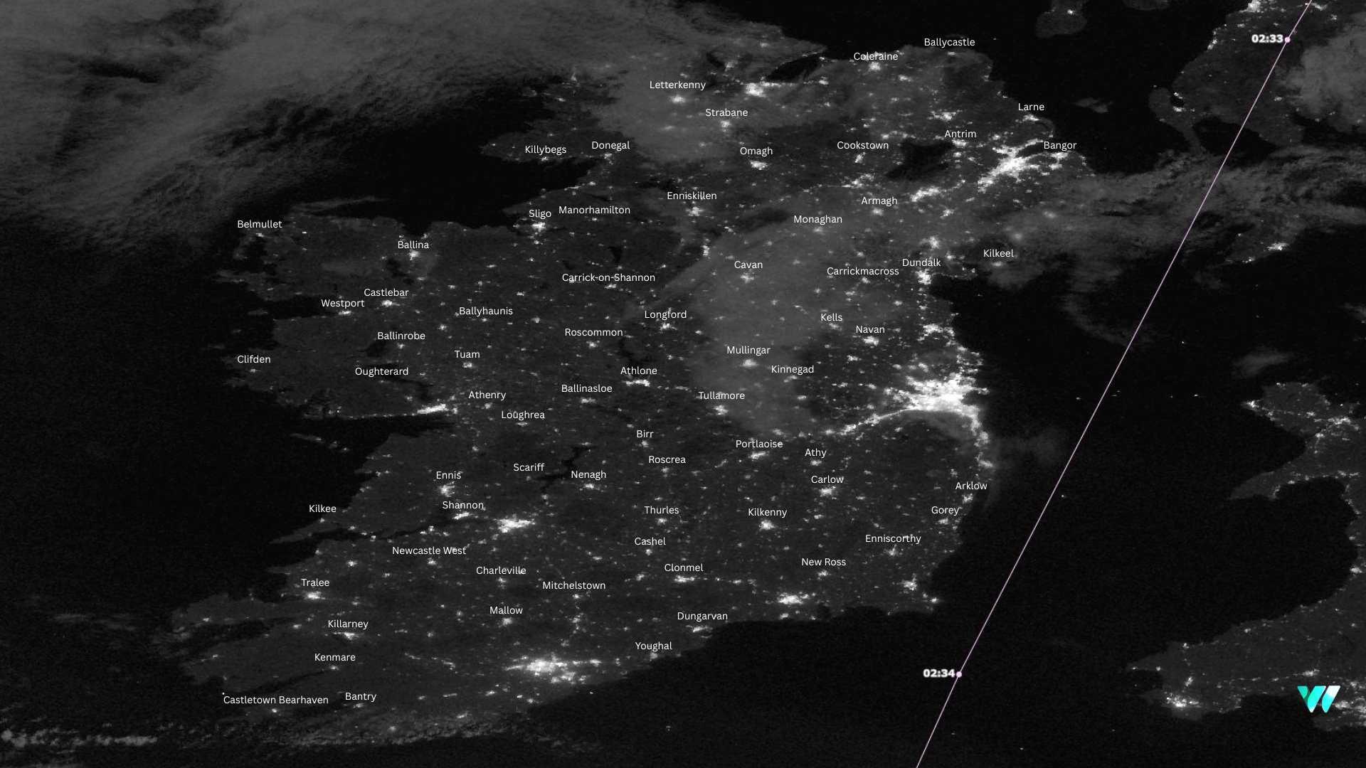 Ireland at night with names