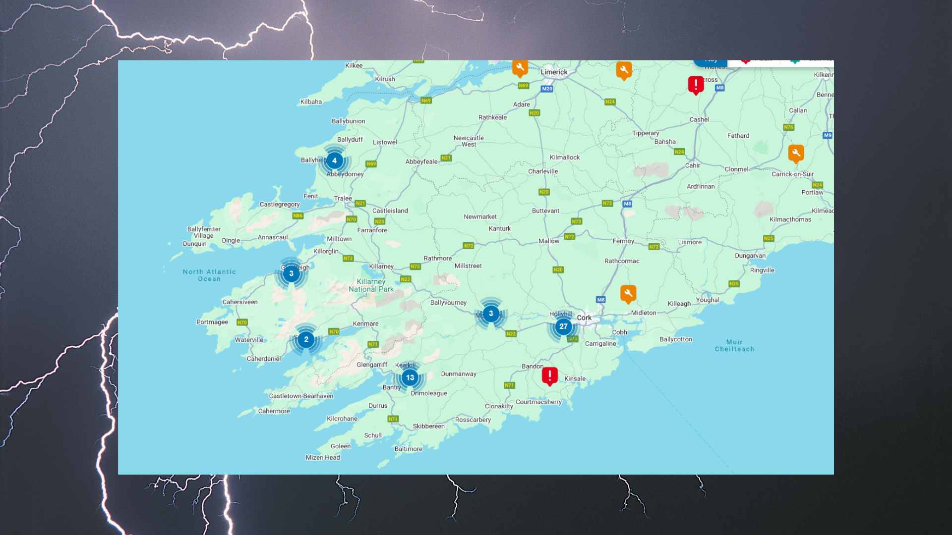 Power outages in Kerry and Cork at 1.00pm on Monday. Credit ESB Powercheck
