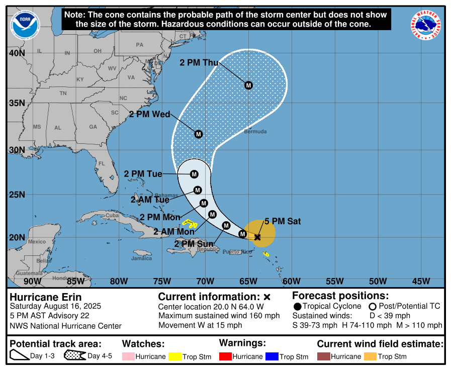 Track-1 Hurricane Erin explodes into Category 5 storm