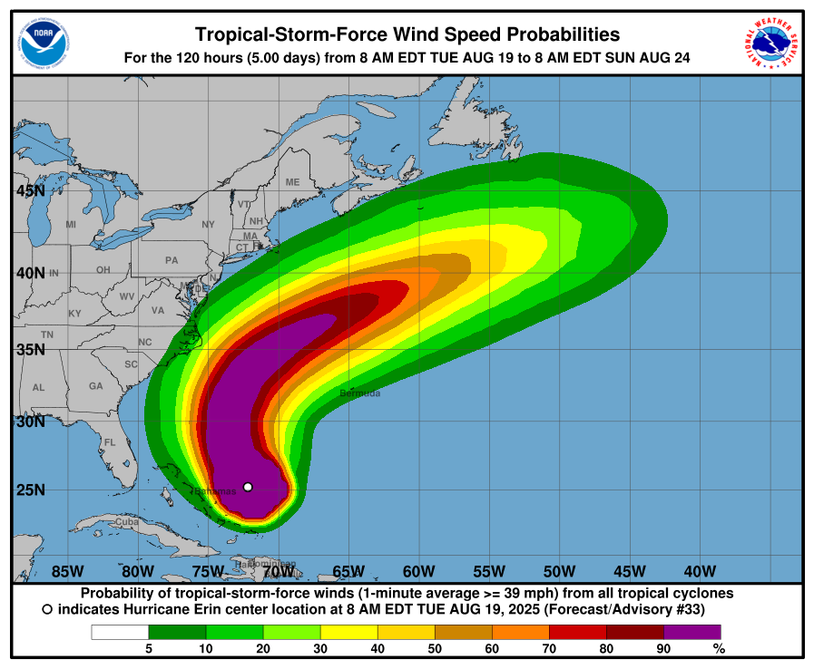 Wind-speed-probabilities-3 Coastal Flooding Expected from Erin, System to Weaken at Weekend