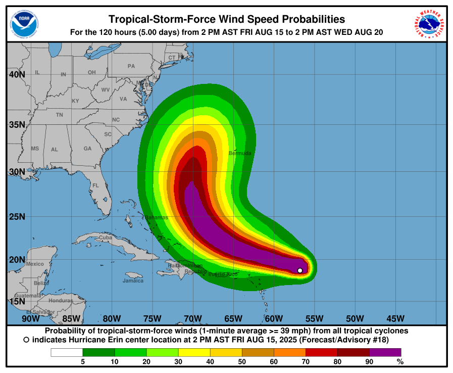 Windspeeds Erin Strengthens, Turns Toward North Atlantic