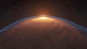 Artist’s impression of a protoplanetary disk distorted by a shock front created by an expanding bubble. Credit ALMA (ESO/NAOJ/NRAO), M. Aizawa et al