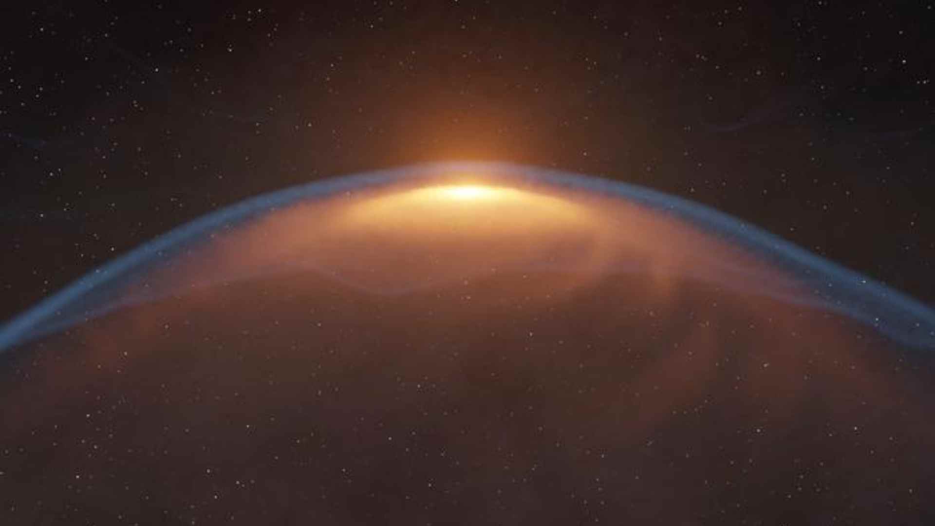 Artist’s impression of a protoplanetary disk distorted by a shock front created by an expanding bubble. Credit ALMA (ESO/NAOJ/NRAO), M. Aizawa et al