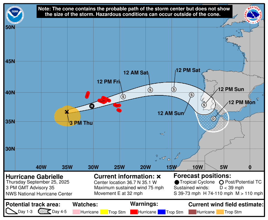 Coastal-WatchesWarnings-and-Forecast-Cone-for-Storm-Center Gabrielle Set to Strike Azores Tonight, Authorities Urge Preparations