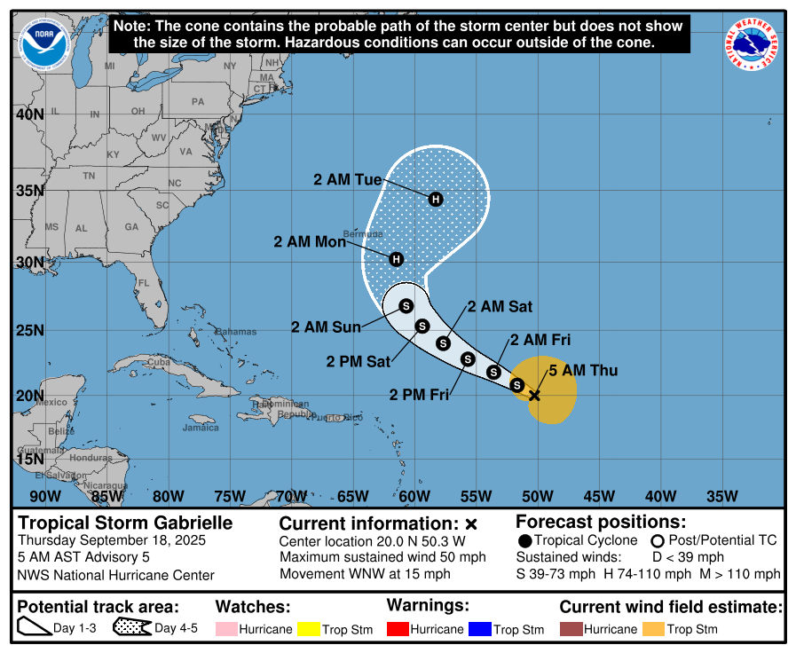 Gabrielle-track Gabrielle Holds Steady Over Open Atlantic, Poses No Immediate Land Risk