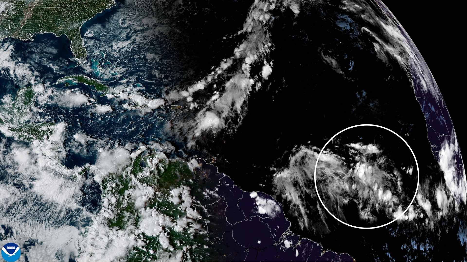 A satellite image of the Atlantic Ocean on Thursday evening. Credit NOAA