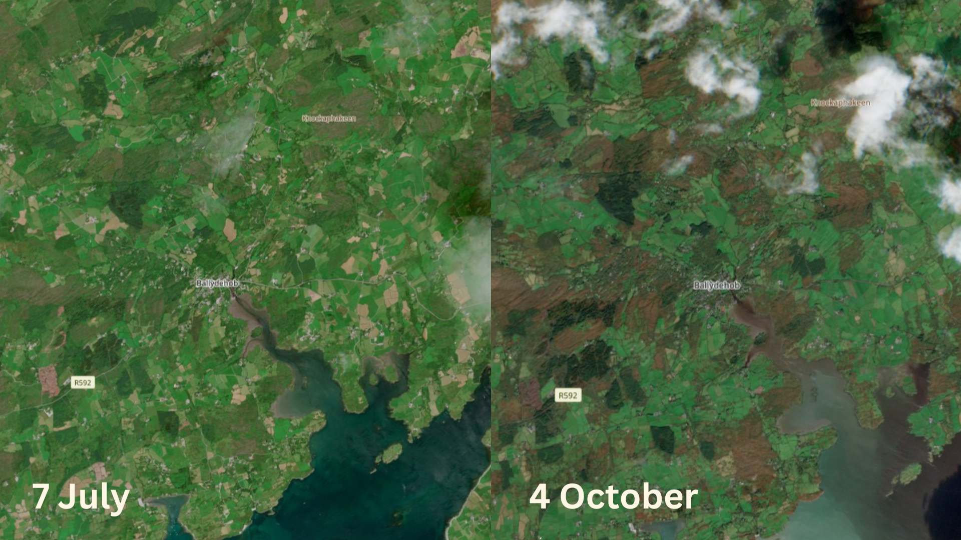 Ballydehob on July 7th and October 4th. Credit Copernicus