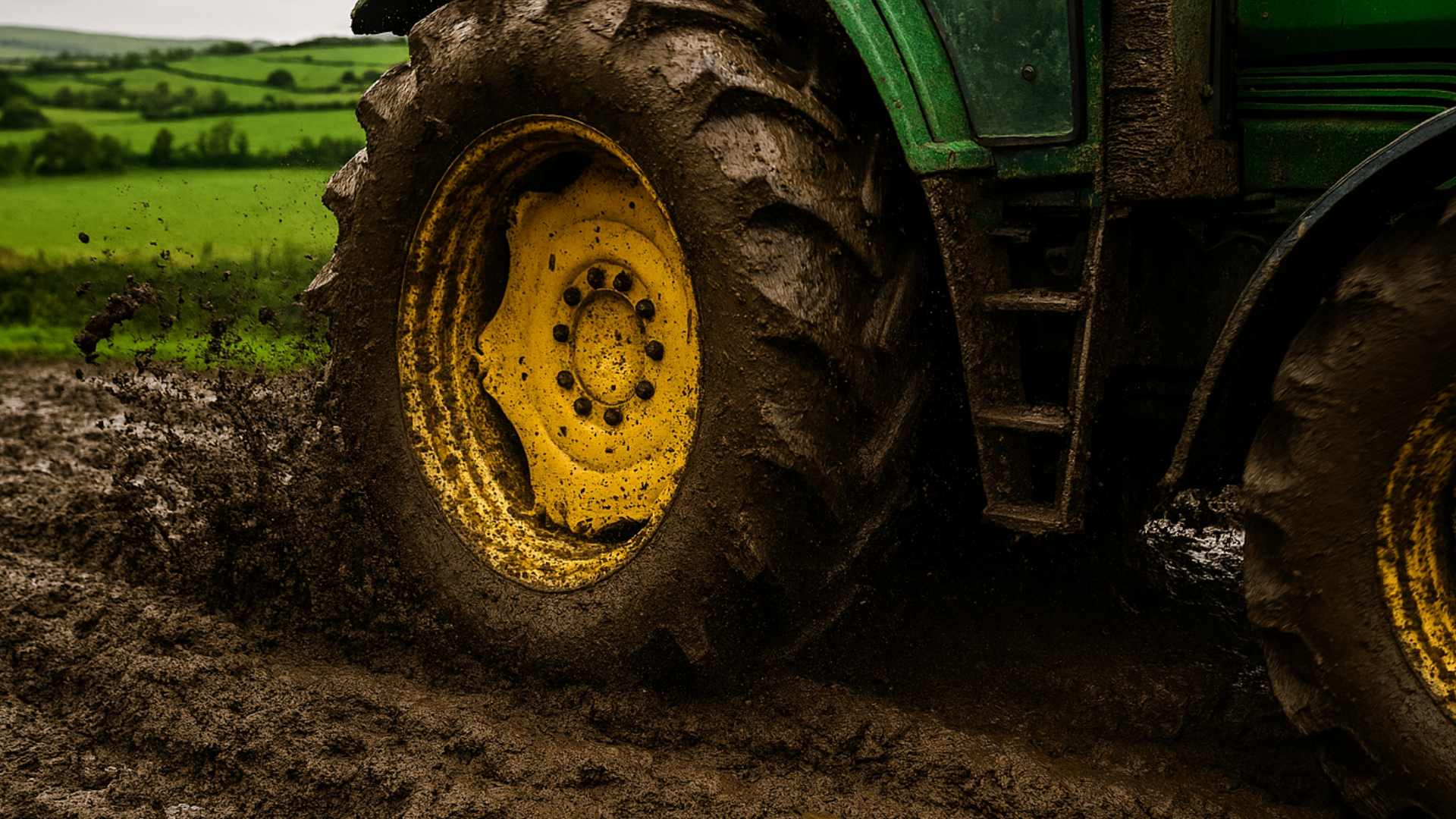 Farmer in tractor in muddy field