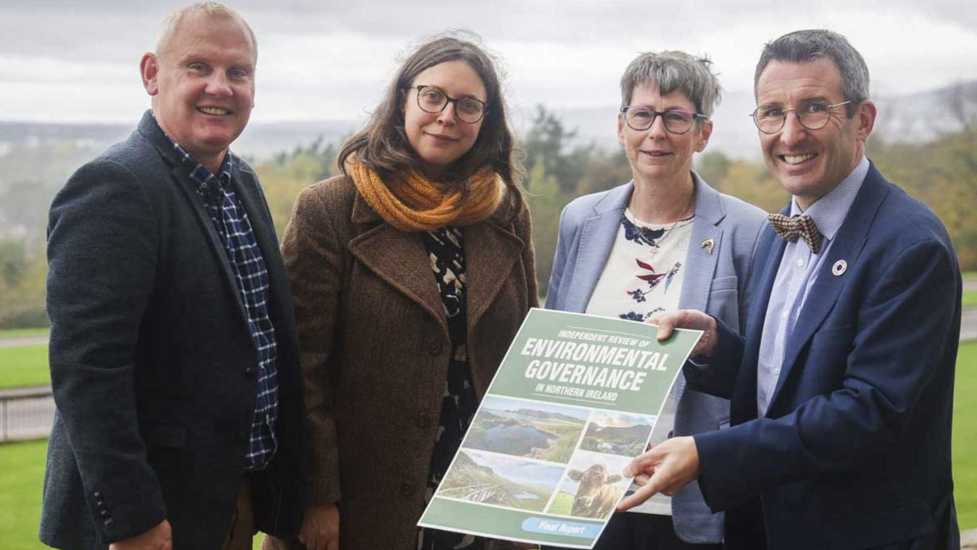 DAERA Minister Andrew Muir pictured with independent panel members John McCallister, Dr Viviane Gravey and Diane Ruddock at the launch of the Environmental Governance in NI report.