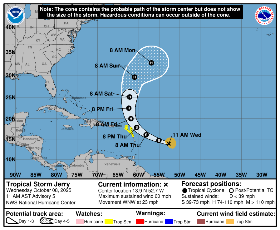 Jerry-forecast-track.-Credit-NHC Tropical Storm Jerry strengthens as it nears Leeward Islands