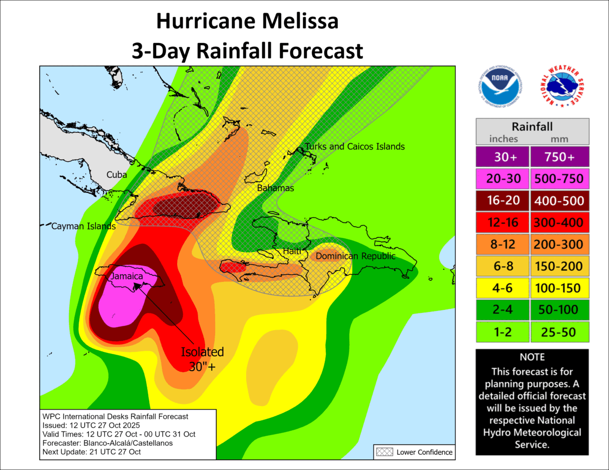 Rainfall-Forecast-1200x927 Satellite Imagery Reveals Melissa Closing in on Cuba and Jamaica