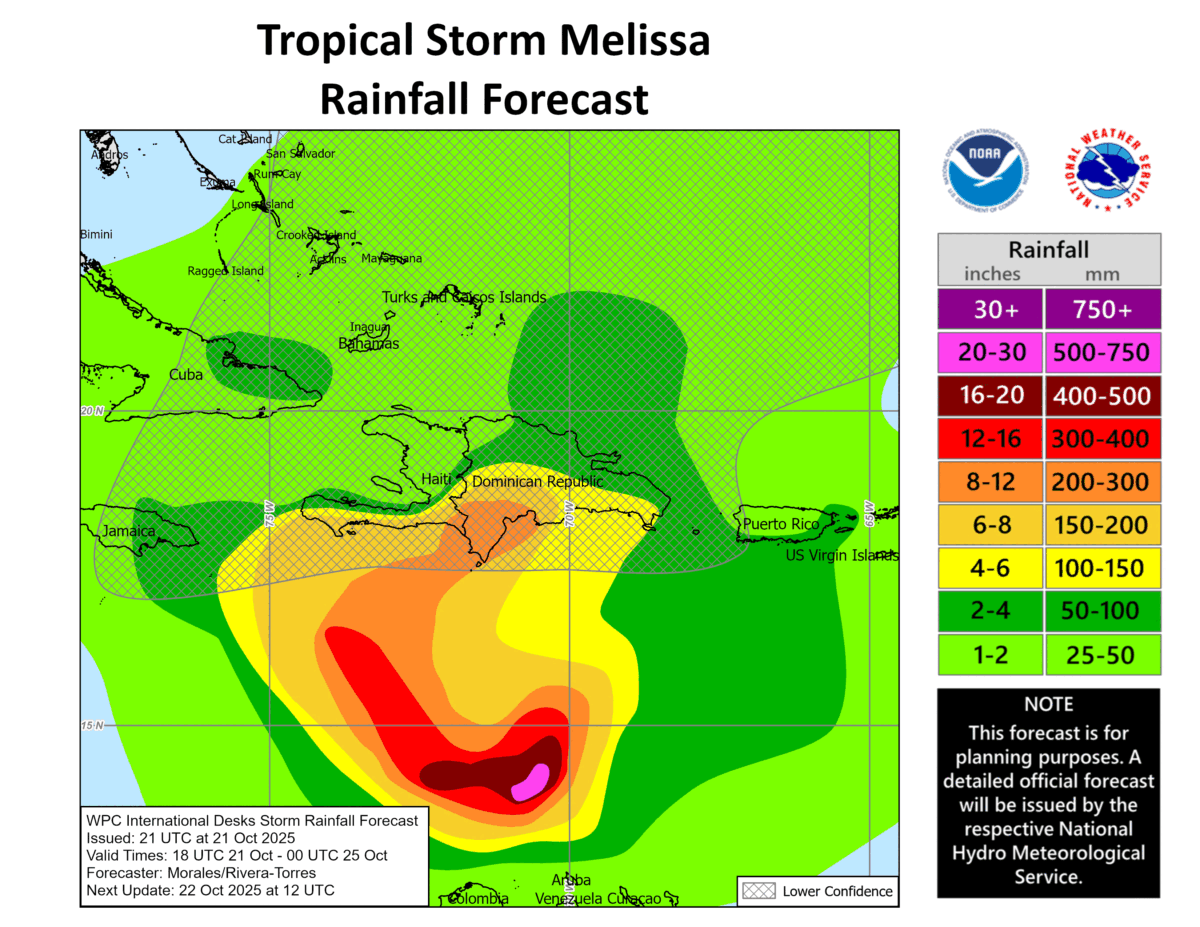 Storm-Rainfall-Forecast-1200x927 Hurricane watch issued as Melissa strengthens in Caribbean