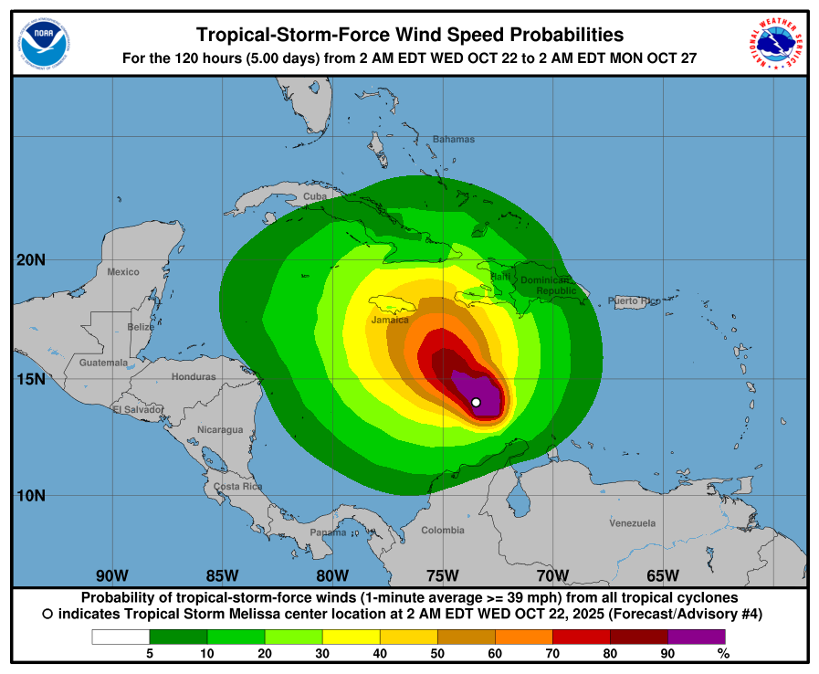 Tropical-Storm-Force-Wind-Speed-Probabilities Hurricane watch issued as Melissa strengthens in Caribbean