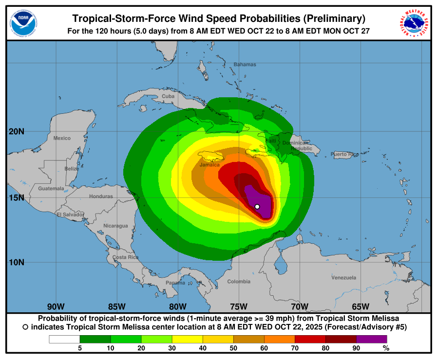 Tropical-Storm-Wind-Probabilities.-Credit-NHC Tropical Storm Melissa brings flooding threat to Jamaica and Haiti