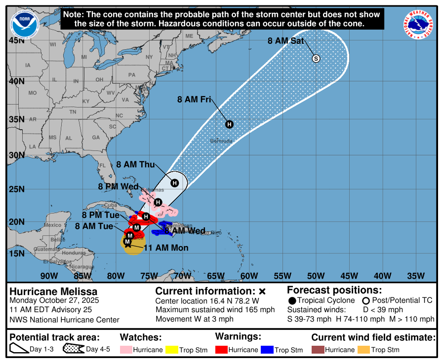 Warnings-and-Forecast-Cone-for-Storm-Centre Satellite Imagery Reveals Melissa Closing in on Cuba and Jamaica